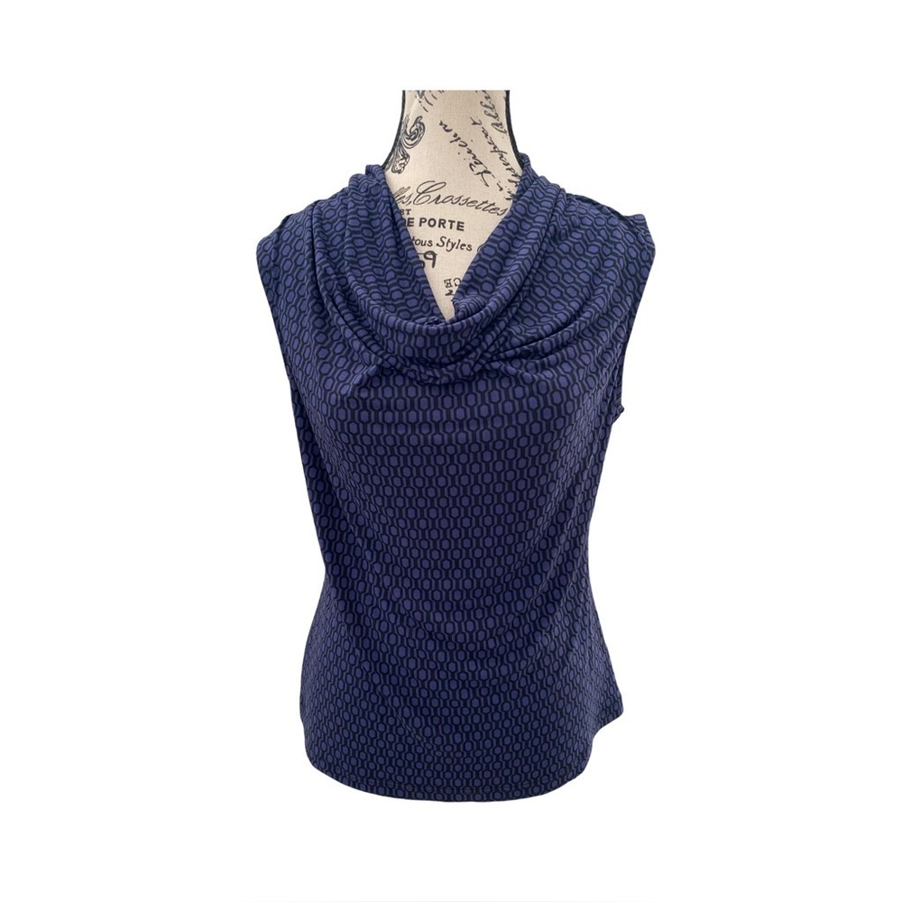 Tahari Blue Black Geo Print Sleeveless Cowl Neck Blouse Top Size S